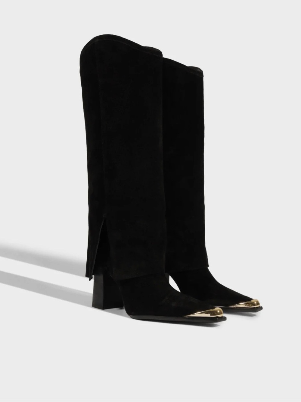 SCHUTZ Black Suede Knee-High Boots with Gold Toe Caps